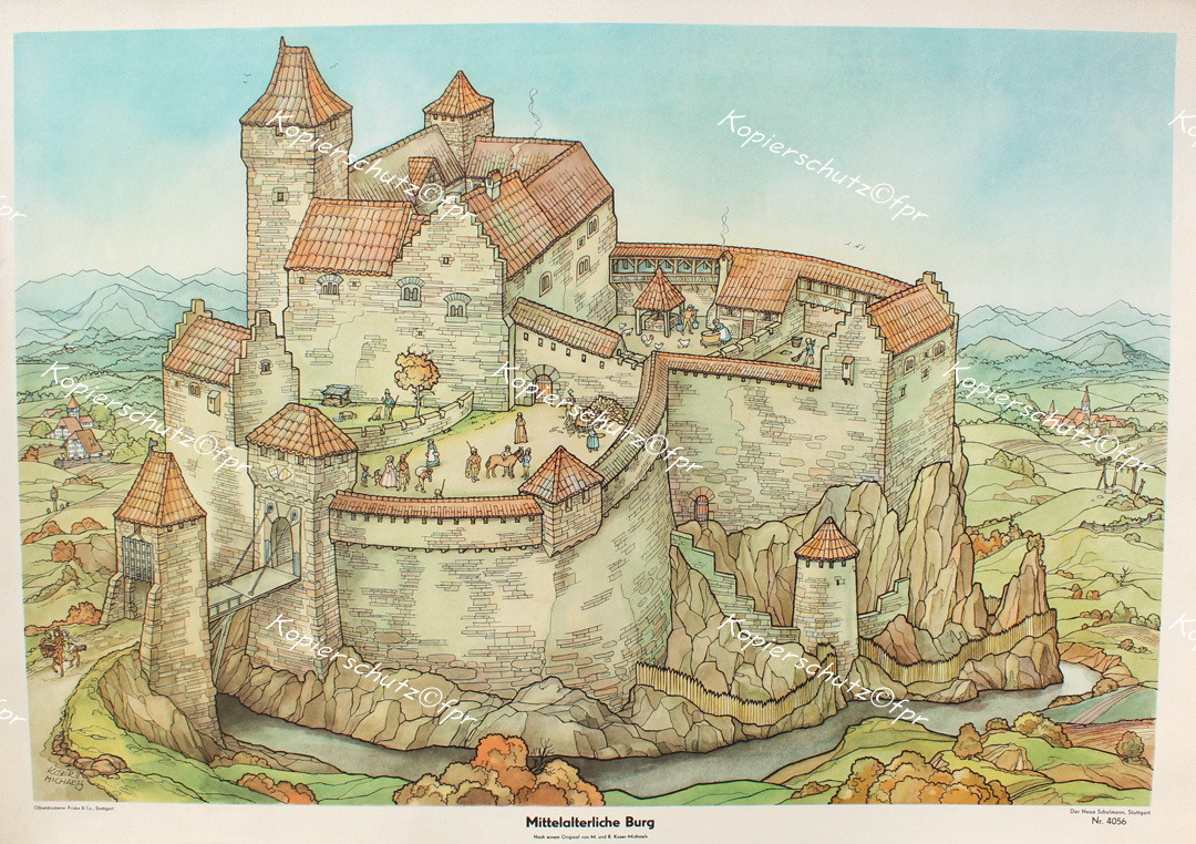 Mittelalter Burg Festung Veste Bergfried Zugbrücke Burggraben Wehrgang