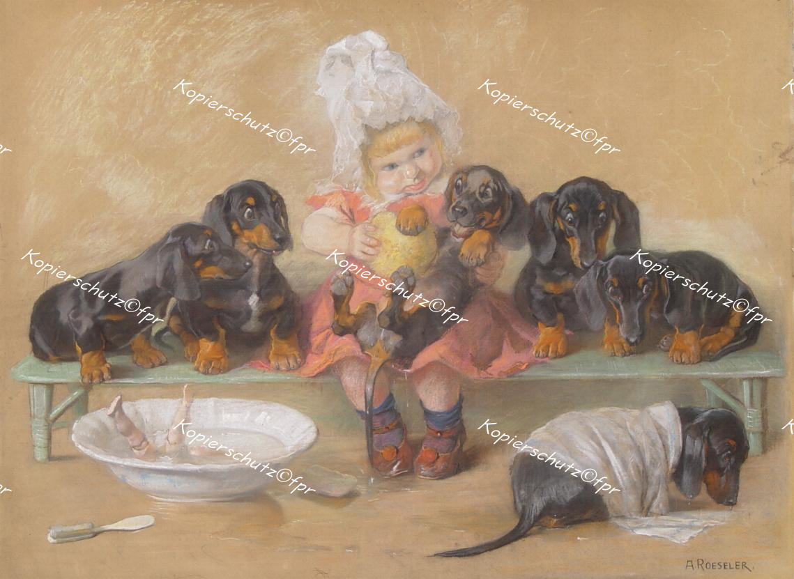 August Roeseler Spielkameraden Dackel Teckel Puppe Kinderzimmer Mädchen