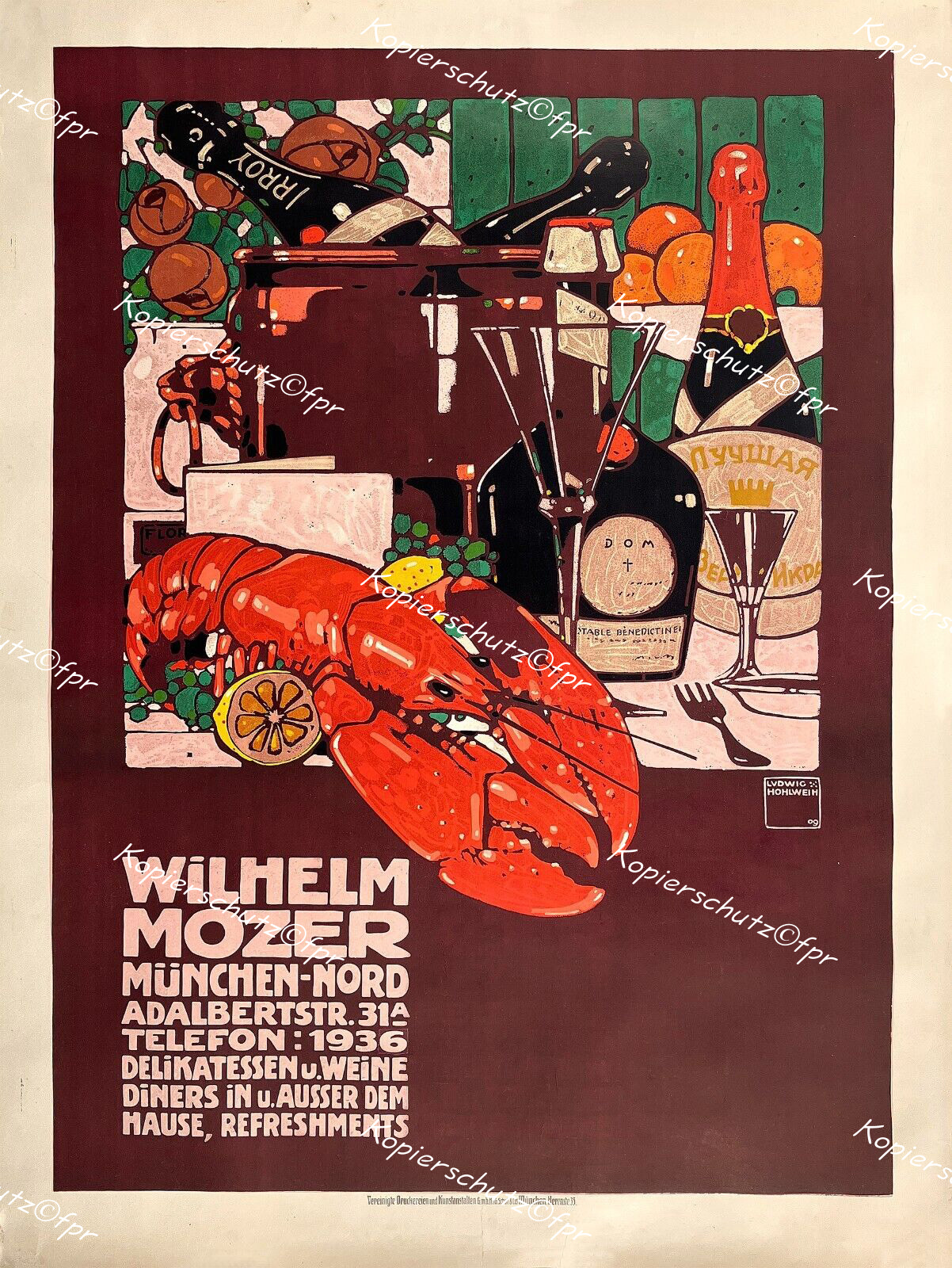 Ludwig Hohlwein Werbung Plakat Restaurant Mozer München Hummer Champagner Likör