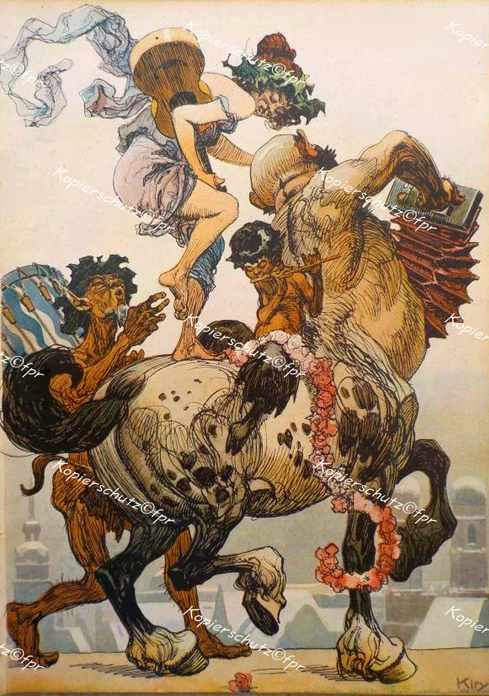 Heinrich Kley Fasching München Akt Erotik Zentaur Faun Satyr Bandoneon Harmonika