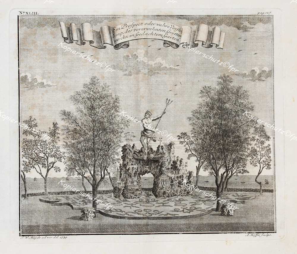 Kupferstich Johann Wolfgang Heydt Andreas Hoffer Batavia Jakarta Indonesien Kolonien Niederländische Ostindien-Kompanie Gouverneur Adrian Valckenier Garten-Architektur Neptun Grotte Wal Dreizack