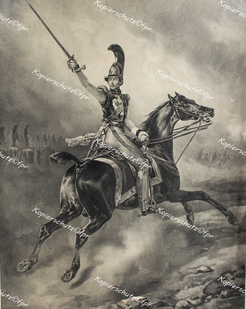 Litografia Principe Federico Prussia Cavalleria Vita reggimento corazzieri Grande Elettore Slesia n. 1 elmo da bruco Charles Vernet