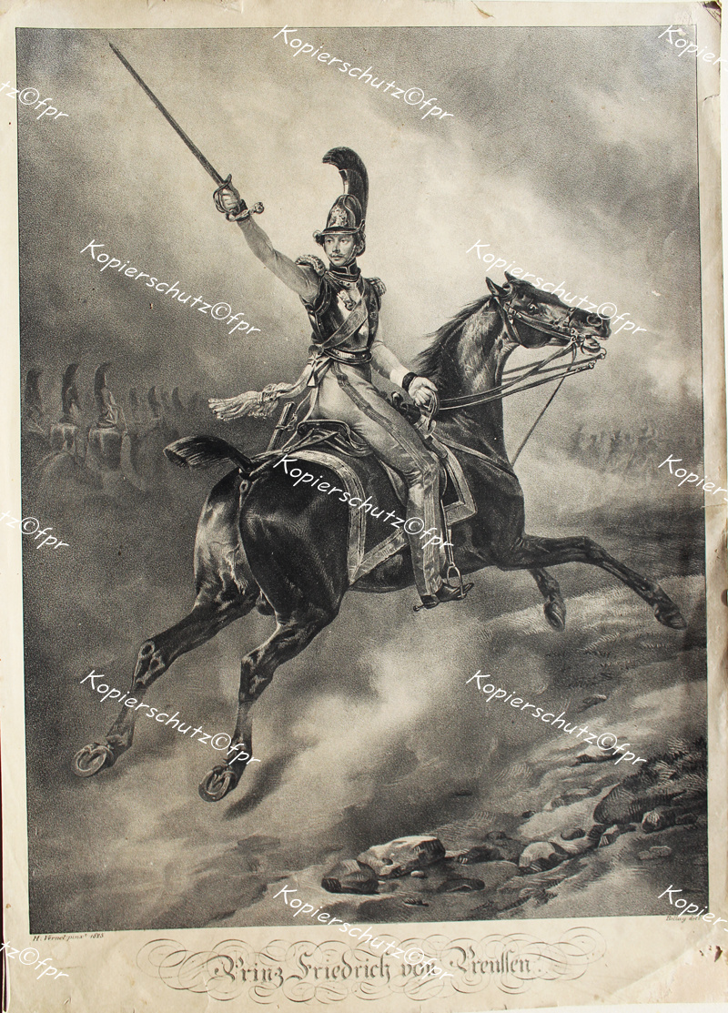 Litografia Principe Federico di Prussia Vita di cavalleria Reggimento corazzieri Grande Elettore Slesia n. 1 elmo da bruco Charles Vernet