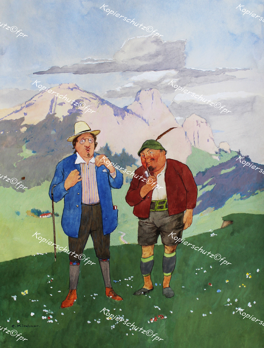 Watercolor Eugen Kirchner summer holiday vacation mountains alps tourist sun hat walking stick Art Nouveau Halle Saale