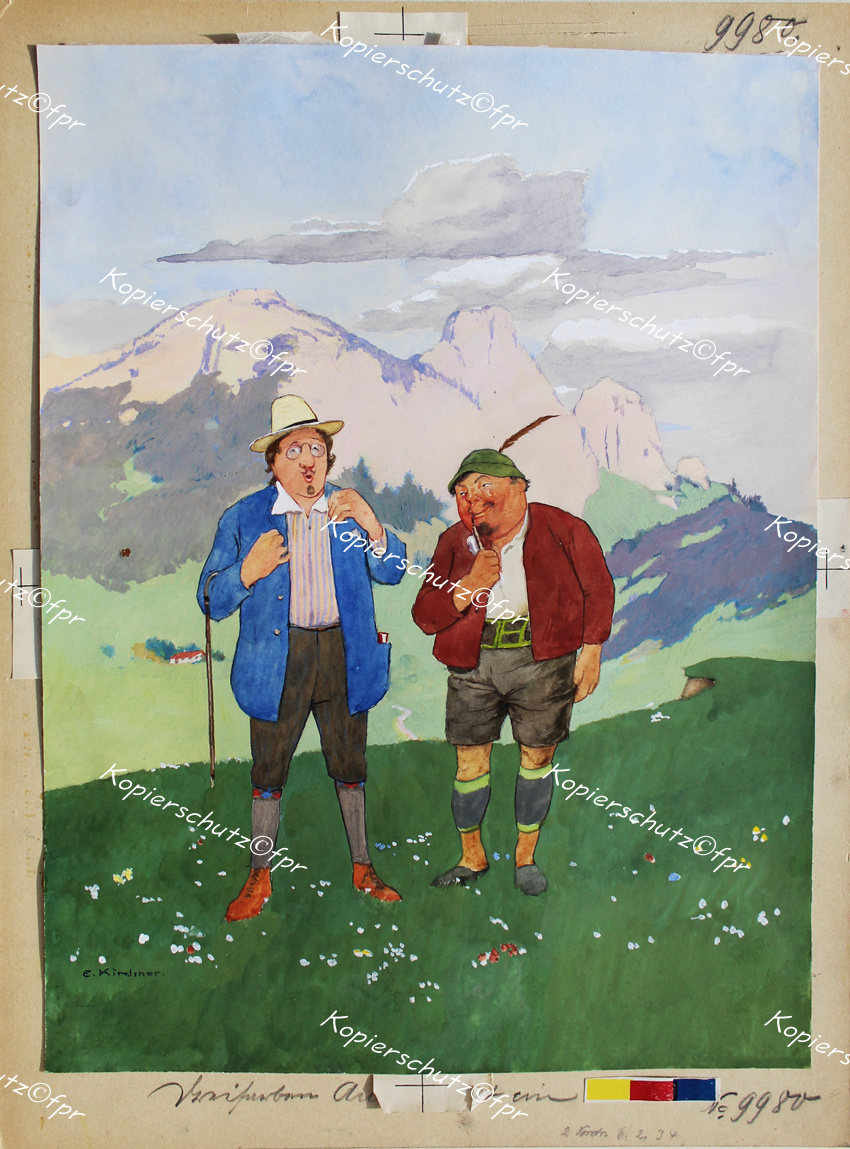 watercolor Eugen Kirchner summer vacation mountains alps tourist sun hat walking stick Art Nouveau Halle Saale