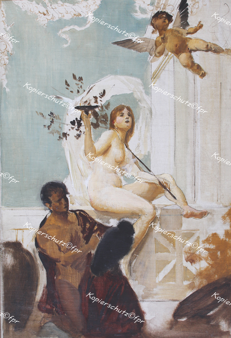 Gemälde Eduard Veith Wien Symbolismus Elysium Olymp Akt Erotik Muse Taube Toga Putto