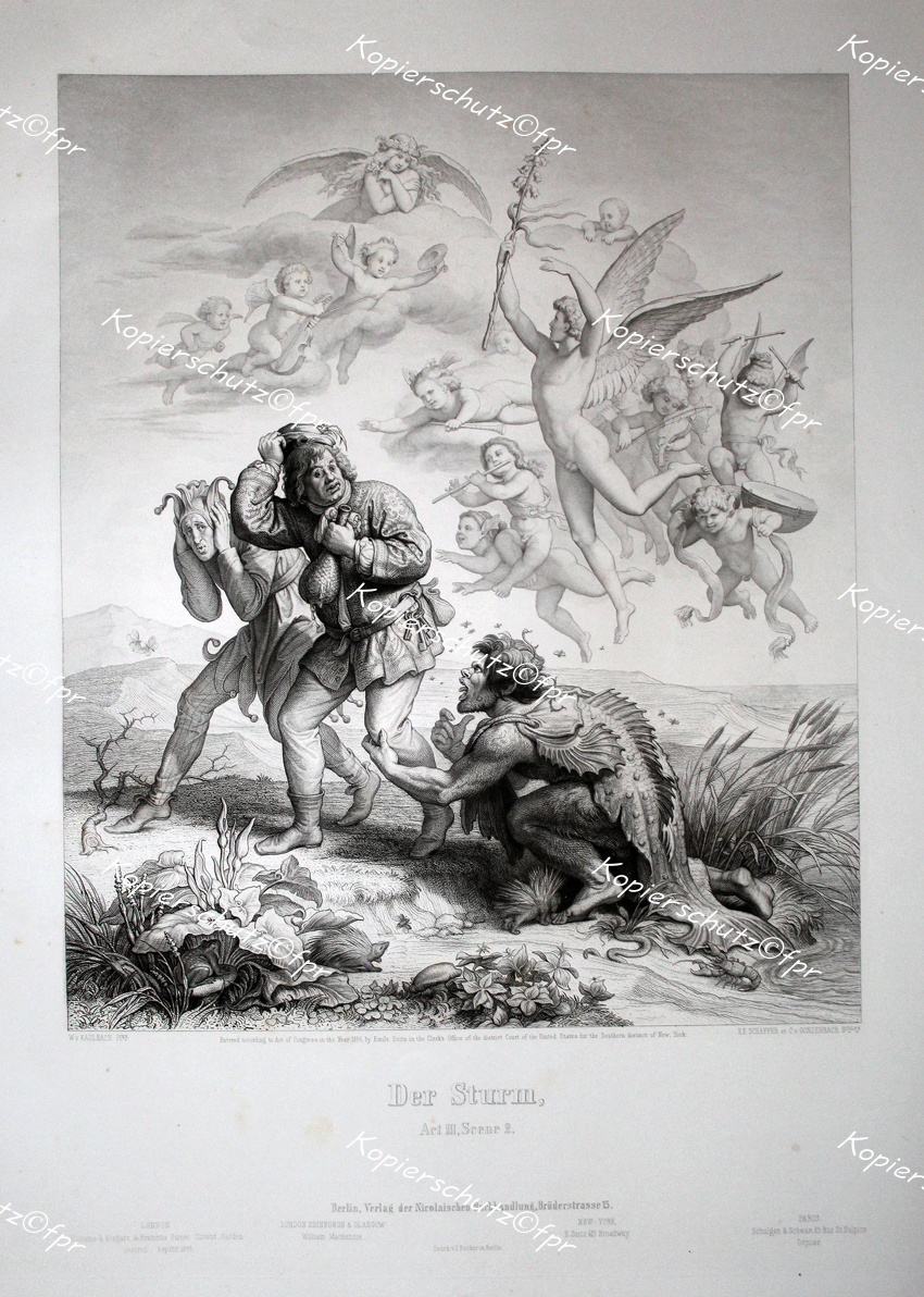 Copper engraving Wilhelm von Kaulbach Shakespeare Storm Tempest Caliban Stefano Trinculo Fool Beast Monster Lurch Mooncalf Wine England Theater