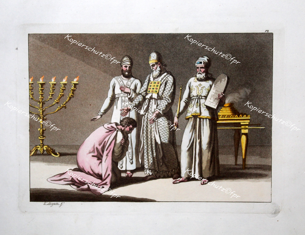 Aquatint Etching High Priest Jerusalem King David Israel Temple Shacchus Levite Menorah Jews
