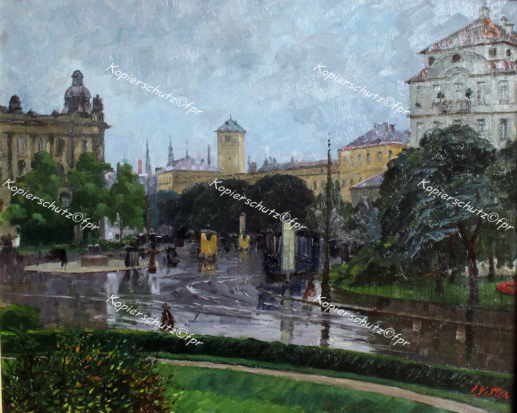 Gemälde Charles Vetter München Stachus Regen Justizpalast Lenbachplatz Impressionismus