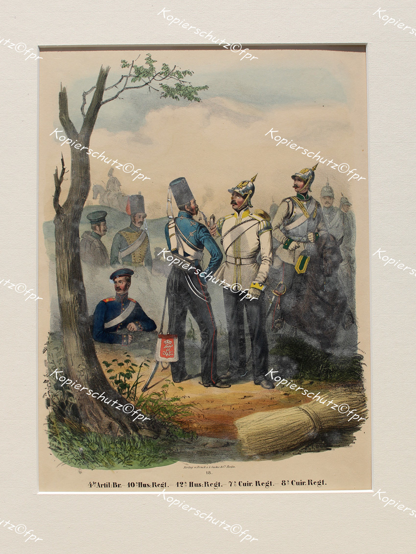Lithographie Louis Sachse Preußen Thüringisches Husaren-Regiment Nr. 12 Kavallerie Kolpak Kürassier Uniform  Artillerie
