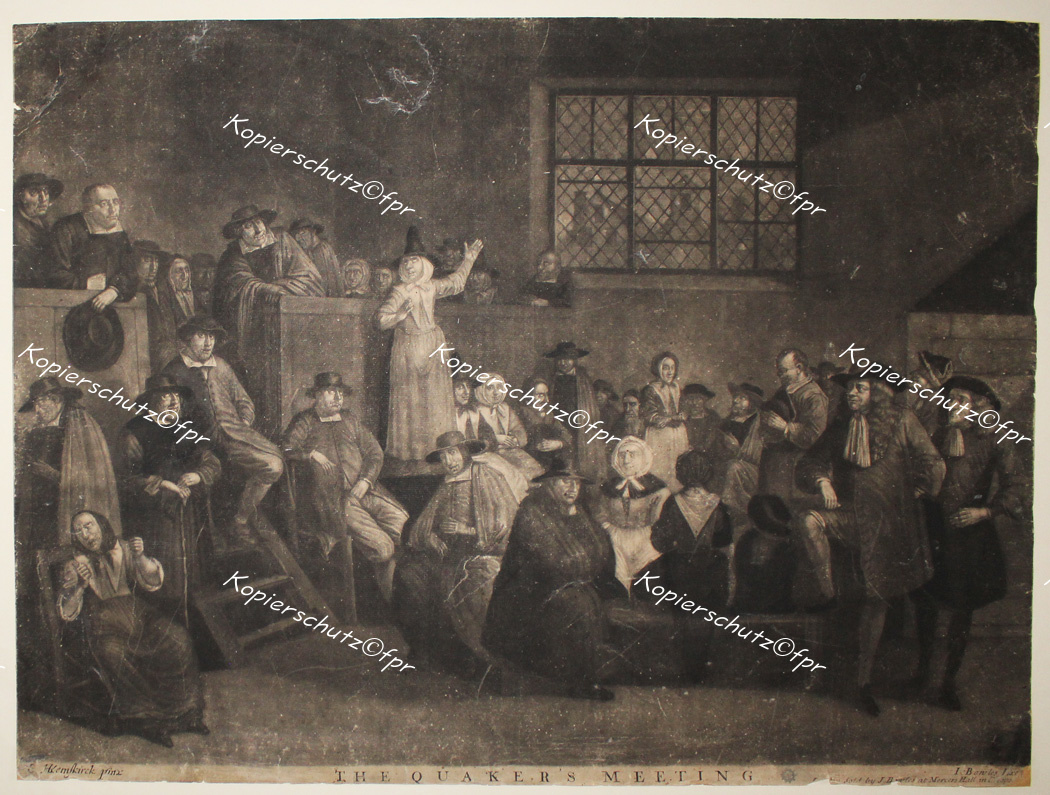 Mezzotinto Egbert van Heemskerck Quäker Quaker Mission Mormonen William Penn Margaret Fell Predigt Gottesdienst