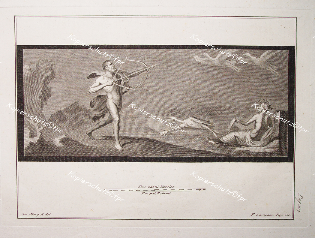 copper engraving Herculaneum Napoli Neapel Herakles Bogen-Schütze Bogenschießen Pfeil Kranich Griechenland Mythologie Stymphalische Vögel