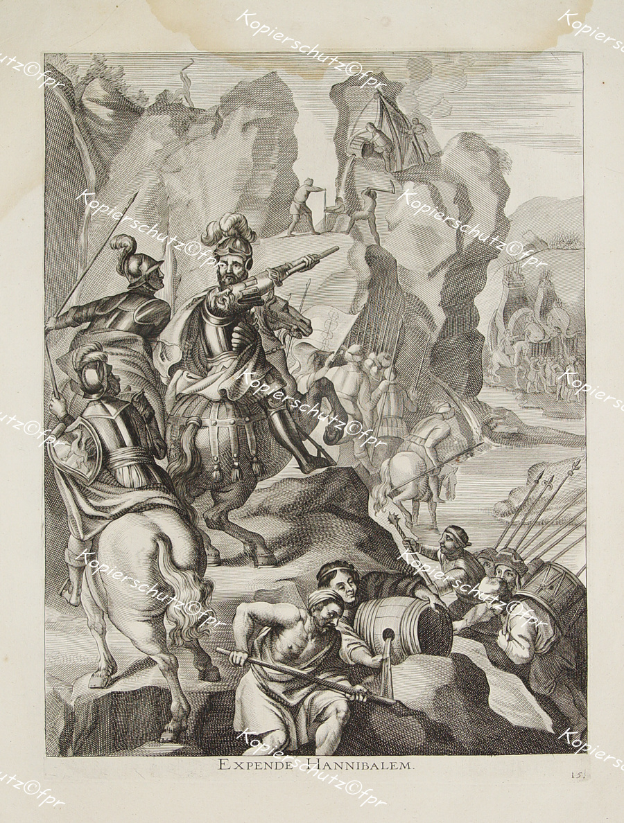 Kupferstich Hannibal Punier Karthago Rom Punische Kriege Alpen Elephanten Kriegselefanten Sprengen Felsen Essig