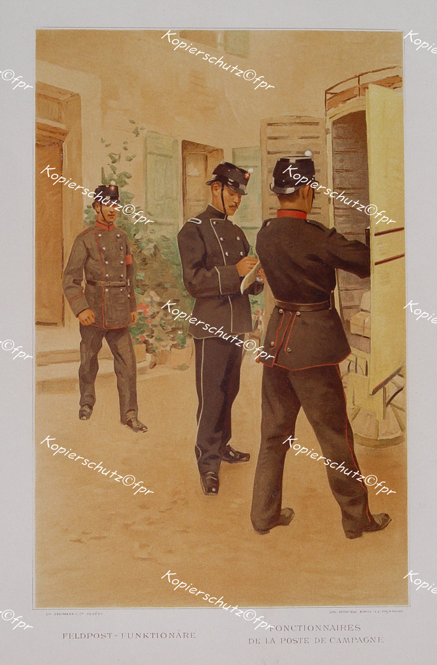 Lithographie Schweiz Feldpost Post Postbote Postkutsche Uniform Tschako