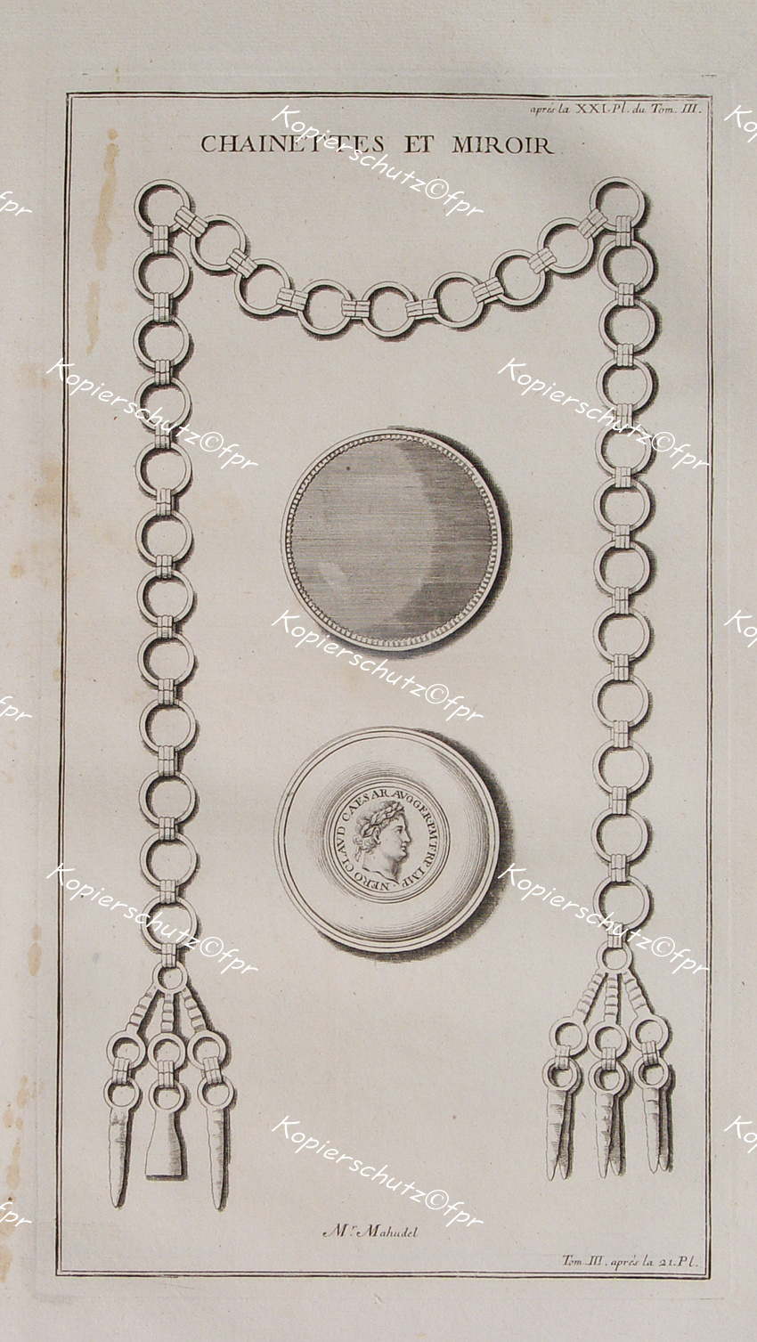 Kupferstich Bernard De Montfaucon Antike Rom Kaiser Nero Schmuck Kette Spiegel Medaillon Juwelier